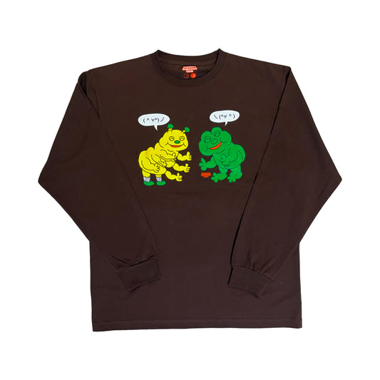 🐛(^ ∀^)ノFriendly Greeting🐸Long Sleeve T-shirt (Brown)🤎